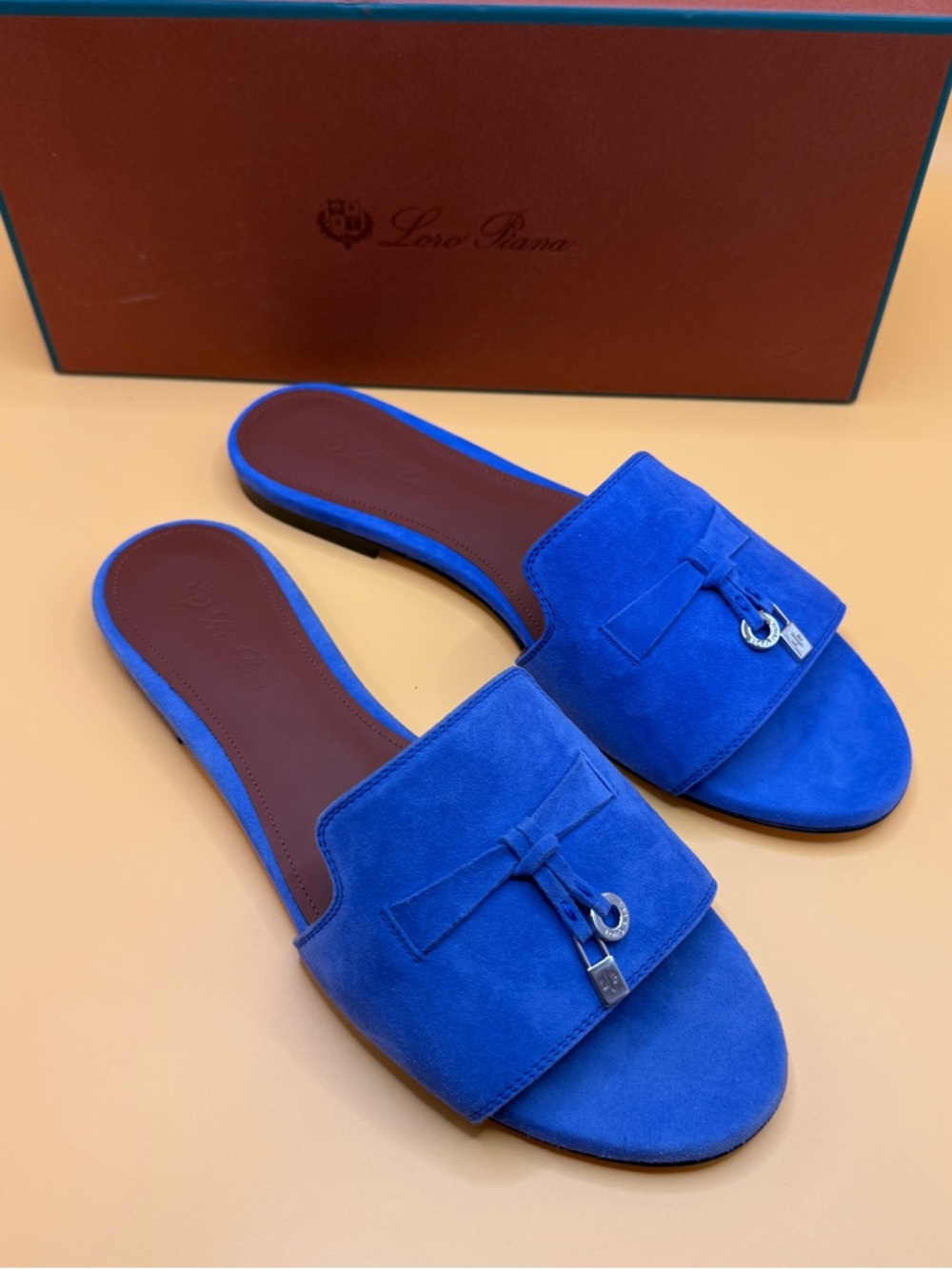 NWT Loro Piana Cobalt Blue Suede Slide Mules size 38